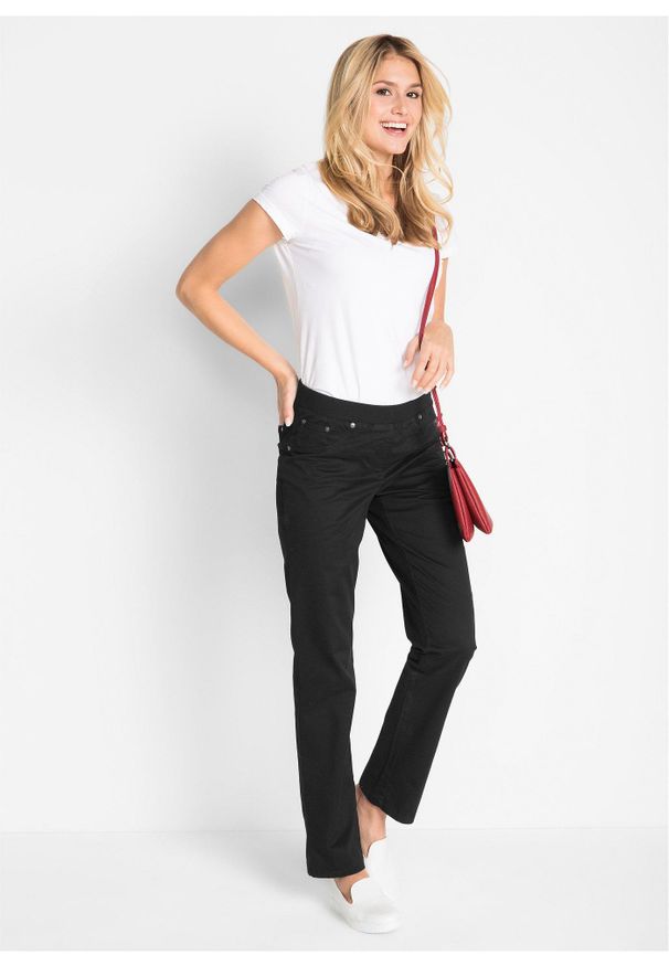 bonprix - Spodnie twillowe z elastycznego materiału z bawełną. Kolor: czarny. Materiał: bawełna, materiał. Wzór: prążki