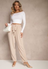 Renee - Beżowe Spodnie High Waist Ozdobione Wiązanym Paskiem Araleira. Okazja: na co dzień, na spacer. Stan: podwyższony. Kolor: beżowy. Materiał: jedwab. Długość: długie. Wzór: aplikacja. Sezon: wiosna. Styl: casual #4