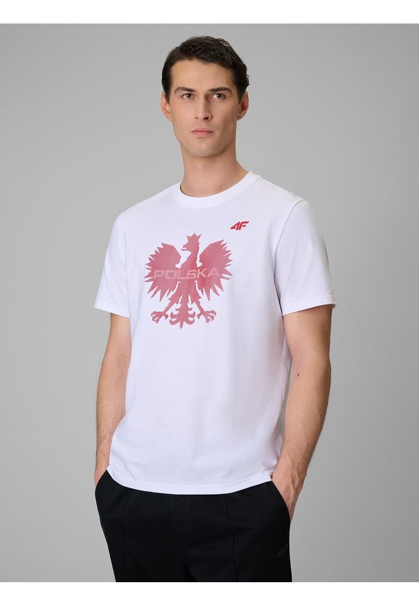 4f - 4F Koszulka kibica męska - biała S. Kolor: biały. Materiał: dzianina, bawełna, materiał. Styl: sportowy