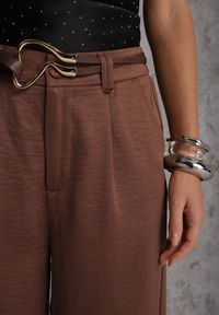 Renee - Brązowe Spodnie Szerokie z Dodatkiem Bawełny High Waist z Metaliczną Klamrą Azaerixis. Okazja: na co dzień. Stan: podwyższony. Kolor: brązowy. Materiał: bawełna. Styl: casual #6