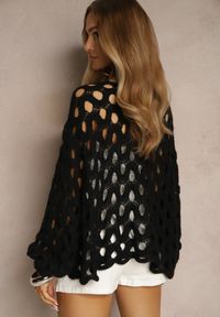 Renee - Czarny Nietoperzowy Sweter z Dzianiny z Wełną o Ażurowym Splocie Filarasea. Okazja: na co dzień. Kolor: czarny. Materiał: dzianina, wełna. Wzór: ażurowy, ze splotem. Styl: klasyczny, elegancki, casual #3