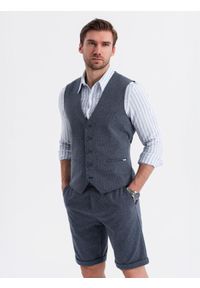 Ombre Clothing - Męski zestaw elegancki kamizelka garniturowa + szorty - granatowy V1. Okazja: na co dzień. Kolor: niebieski. Materiał: materiał, poliester, elastan, bawełna, dzianina, wiskoza. Wzór: jednolity. Sezon: lato. Styl: elegancki