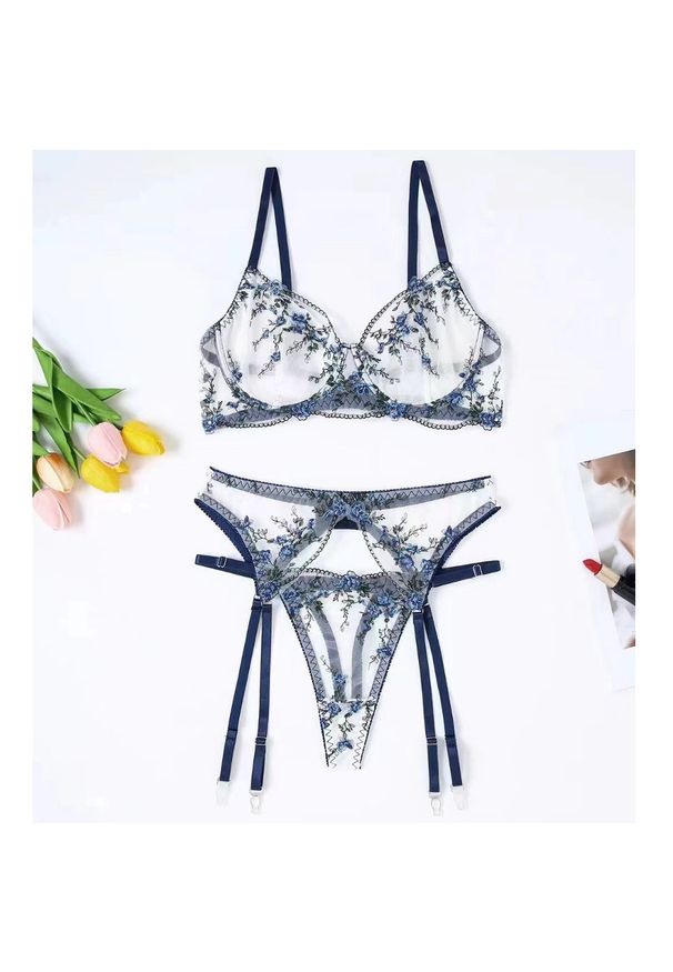 Intica - Komplet bielizny koronkowej na romantyczne wieczory Rosaura. Kolor: niebieski. Materiał: koronka. Wzór: koronka