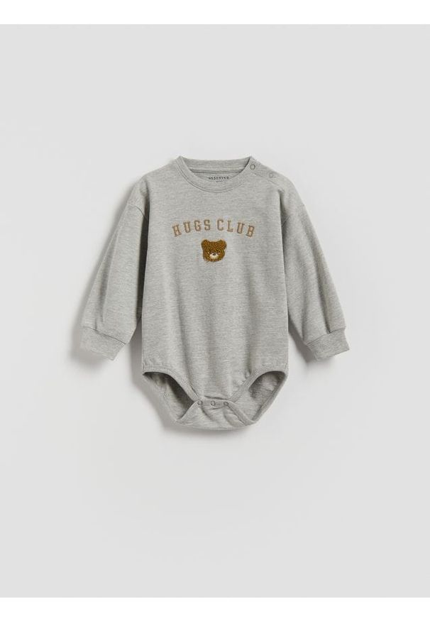 Reserved - Body z aplikacją - ciemnoszary. Kolor: szary. Materiał: dzianina, bawełna. Wzór: aplikacja