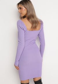 Born2be - Fioletowa Sukienka Mini z Prążkowanego Materiału z Wycięciem i Wiązaniem Cerdosja. Kolor: fioletowy. Materiał: materiał, prążkowany. Długość: mini #3