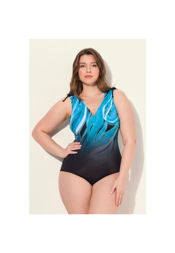 ULLA POPKEN - Damski Kostium kąpielowy motyw głębi oceanu miękkie miseczki marszczona taśma. Kolekcja: plus size. Kolor: czarny. Materiał: elastan, poliamid, materiał
