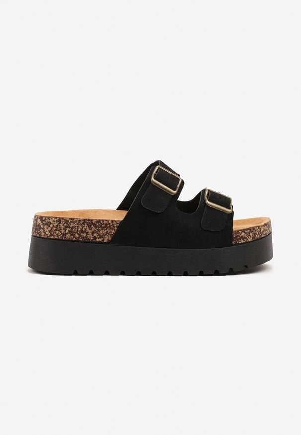 Born2be - Czarne Klapki na Grubej Podeszwie Korkowej z Dwoma Paskami Niliorin. Okazja: na co dzień, na spacer. Kolor: czarny. Materiał: jeans. Wzór: paski. Sezon: lato. Styl: klasyczny, casual