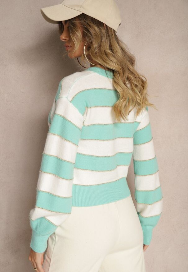 Renee - Biało-Miętowy Sweter w Poziome Pasy z Przeszyciami Metalicznej Nitki Zinfarra. Okazja: na co dzień. Kolor: biały. Materiał: wiskoza, jeans. Sezon: zima, jesień. Styl: casual