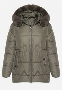 Born2be - Zielona Pikowana Kurtka z Kapturem z Futerkiem Tevea. Okazja: na spacer, do pracy, na spotkanie biznesowe. Typ kołnierza: kaptur. Kolekcja: plus size. Kolor: zielony. Materiał: futro. Styl: elegancki, klasyczny, biznesowy #4