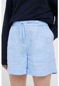 TOMMY HILFIGER - Tommy Hilfiger szorty lniane kolor niebieski gładkie high waist. Stan: podwyższony. Kolor: niebieski. Materiał: len. Wzór: gładki