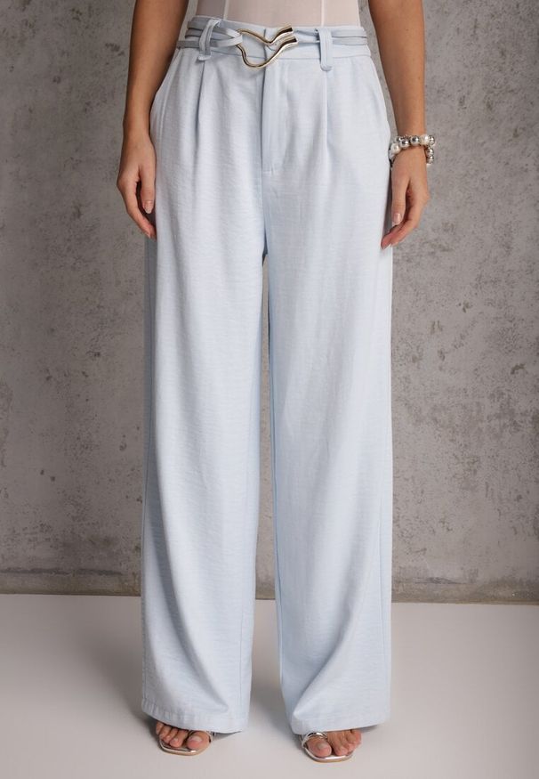 Renee - Niebieskie Spodnie Szerokie z Dodatkiem Bawełny High Waist z Metaliczną Klamrą Azaerixis. Okazja: na co dzień. Stan: podwyższony. Kolor: niebieski. Materiał: bawełna. Styl: casual