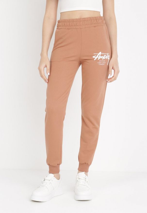 Born2be - Brązowe Spodnie Dresowe Thesothee. Okazja: na co dzień. Kolor: brązowy. Materiał: dresówka. Wzór: nadruk. Styl: casual, sportowy
