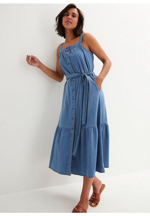bonprix - Letnia sukienka dżinsowa z paskiem. Kolor: niebieski. Sezon: lato