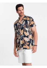Ombre Clothing - Wiskozowa wzorzysta męska koszula z krótkim rękawem – liście V14. Okazja: na co dzień. Kolor: czarny. Materiał: wiskoza. Długość rękawa: krótki rękaw. Długość: krótkie. Wzór: gładki, kolorowy. Styl: klasyczny, wakacyjny, casual #5