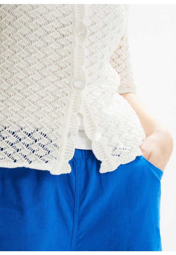 bonprix - Sweter rozpinany. Kolor: biały. Materiał: len. Długość rękawa: krótki rękaw. Długość: krótkie. Wzór: ażurowy