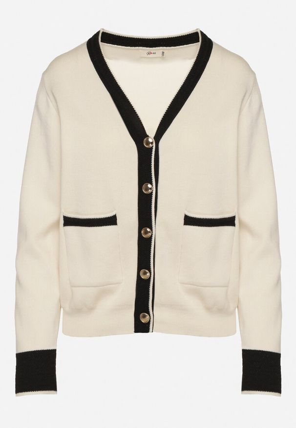 Born2be - Beżowy Kardigan z Wiskozą z Ozdobną Lamówką i Guzikami Halirena. Okazja: na co dzień. Kolor: beżowy. Materiał: wiskoza. Styl: klasyczny, casual, elegancki