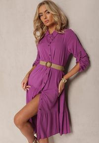 Renee - Fioletowa Rozkloszowana Sukienka z Bawełny w Koszulowym Stylu Canidre. Kolor: fioletowy. Materiał: bawełna. Typ sukienki: koszulowe #1