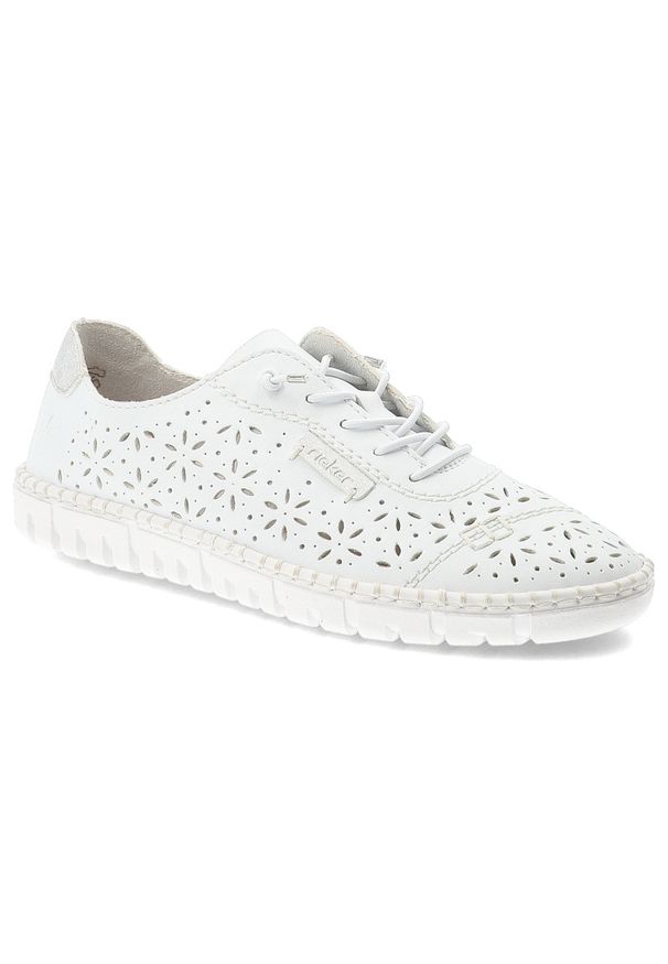 Półbuty damskie Rieker, cholewka skóra naturalna ażurowa konstrukcja z klasycznym sznurowaniem i lekka elastyczna podeszwa zapewniają przewiewność, b. Okazja: na co dzień. Zapięcie: sznurówki. Kolor: biały. Materiał: skóra. Szerokość cholewki: normalna. Wzór: ażurowy. Sezon: lato. Styl: klasyczny