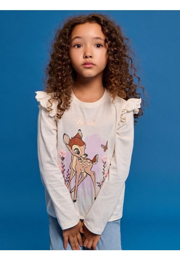 Sinsay - Bawełniana koszulka z falbanami Bambi - kremowy. Kolor: kremowy. Materiał: bawełna