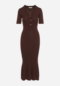 Born2be - Brązowa Dzianinowa Sukienka z Wiskozą o Taliowanym Kroju z Guzikami Fenallea. Okazja: do pracy, na spotkanie biznesowe. Kolor: brązowy. Materiał: wiskoza, dzianina. Styl: biznesowy, elegancki #4