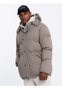 Ombre Clothing - Mocno ocieplana męska kurtka typu puffer w pepitkę – brązowa V1 OM-JAHP-0174 - XXL. Typ kołnierza: kołnierzyk stójkowy. Kolor: brązowy. Materiał: skóra, syntetyk, poliester, materiał. Długość: długie. Wzór: aplikacja