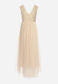 Born2be - Beżowa Rozkloszowana Sukienka Maxi z Koronkową Górą i Tiulowym Dołem Gelivia. Kolor: beżowy. Materiał: tiul, koronka. Długość: maxi #4