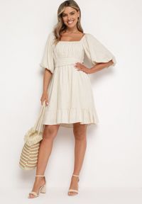 Born2be - Beżowa Rozkloszowana Sukienka z Wiskozą i Lnem z Gumką w Talii Falbanką i Podszewką Vilemia. Okazja: na co dzień. Kolor: beżowy. Materiał: len, wiskoza. Typ sukienki: rozkloszowane, proste. Styl: casual #3