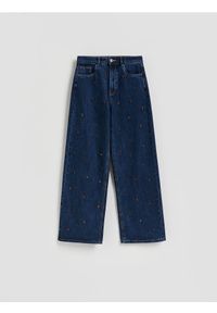 Reserved - Jeansy wide leg z aplikacjami - granatowy. Kolor: niebieski. Wzór: aplikacja #1