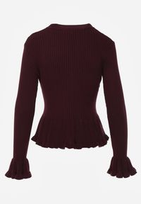 Renee - Bordowy Wiskozowy Kardigan w Prążki z Falbankami i Guzikami z Cyrkoniami Danareia. Okazja: na co dzień, na imprezę. Typ kołnierza: kołnierz z falbankami. Kolor: czerwony. Materiał: wiskoza. Wzór: prążki. Styl: casual #2