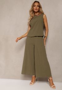 Renee - Ciemnozielony Komplet z Bawełny Spodnie Culottes i Luźny Top Tinelia. Kolor: zielony. Materiał: bawełna. Wzór: aplikacja #1