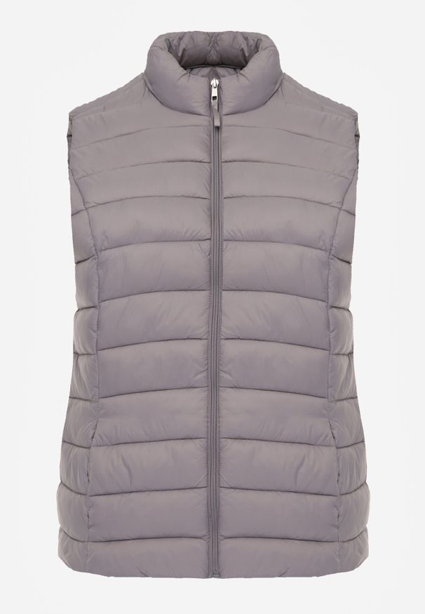 Born2be - Szara Pikowana Kamizelka Przejściowa ze Stójką Edanwen. Typ kołnierza: kołnierzyk stójkowy. Kolekcja: plus size. Kolor: szary. Materiał: jeans, nylon. Styl: klasyczny