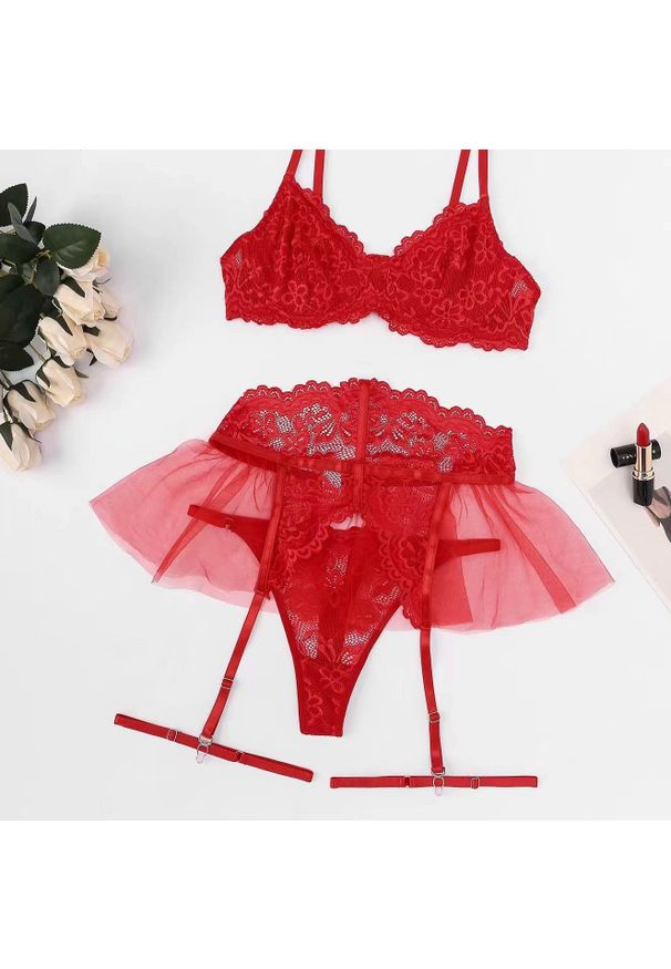 Intica - Komplet bielizny z koronką i tiulem Jose. Kolor: czerwony. Materiał: tiul, koronka. Wzór: koronka