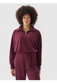 4f - 4F Bluza dresowa z weluru nierozpinana bez kaptura damska - czerwona L. Okazja: na co dzień. Typ kołnierza: bez kaptura. Kolor: czerwony. Materiał: welur, dresówka. Długość rękawa: raglanowy rękaw. Wzór: prążki, jednolity. Styl: klasyczny, casual, sportowy #1