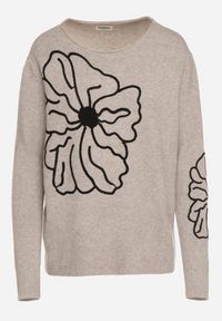 Born2be - Beżowy Sweter Ozdobiony Haftowanymi Kwiatami Halatusea. Okazja: na co dzień. Kolor: beżowy. Materiał: jeans. Wzór: kwiaty, aplikacja, haft. Styl: klasyczny, casual #2