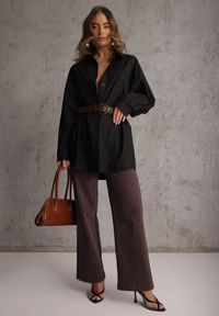 Renee - Czarna Bawełniano-Wiskozowa Koszula o Długim Kroju Oversize z Paskiem Tethys. Okazja: na co dzień. Typ kołnierza: kołnierzyk klasyczny. Kolor: czarny. Materiał: wiskoza, bawełna. Długość: długie. Styl: casual, klasyczny #5