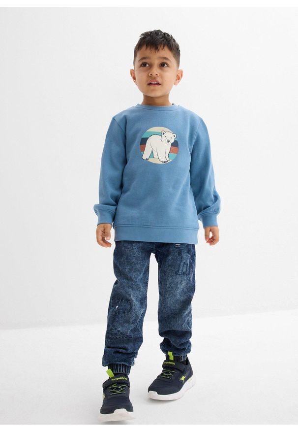 bonprix - Dżinsy z termiczną podszewką z dżerseju, z gumką w talii, regular fit. Kolor: niebieski