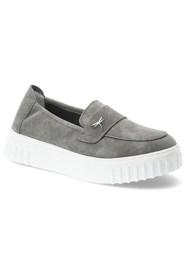 Półbuty damskie Vinceza, cholewka ze skóry naturalnej zamszowej wsuwany fason z ozdobnym elementem, szare, 93218. Kolor: szary. Materiał: skóra, zamsz. Szerokość cholewki: normalna