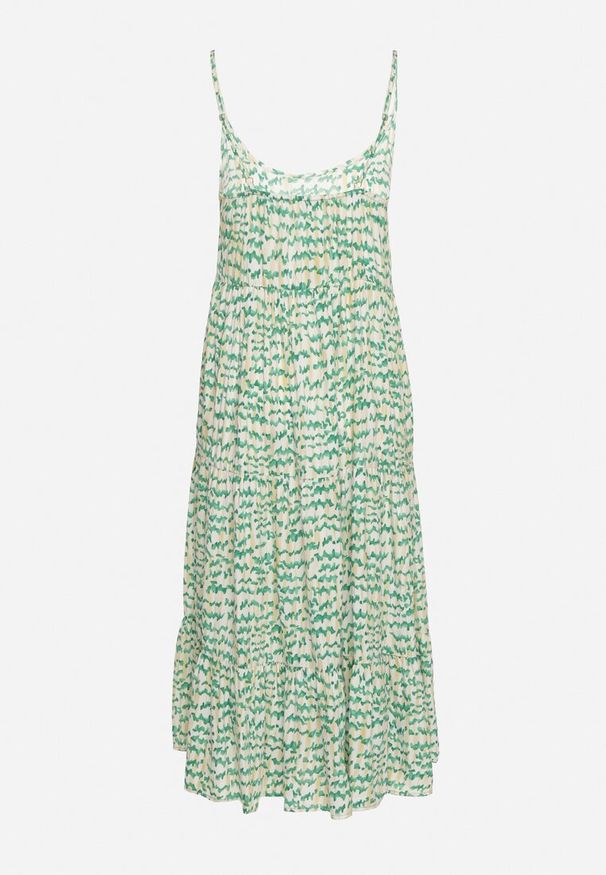 Born2be - Zielona Wiskozowa Sukienka z Cienkimi Ramiączkami Ozdobiona Guzikami i Falbanką Vikini. Typ kołnierza: dekolt w kształcie V. Kolor: zielony. Materiał: wiskoza. Długość rękawa: na ramiączkach. Wzór: aplikacja. Styl: klasyczny