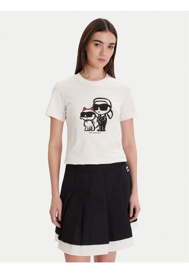 Karl Lagerfeld - KARL LAGERFELD T-Shirt A1W17129 Écru Regular Fit. Typ kołnierza: dekolt w karo. Kolor: kremowy. Materiał: bawełna
