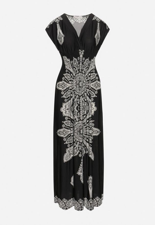 Born2be - Czarna Sukienka w Ornamentalny Wzór z Kopertowym Dekoltem i Gumką w Talii Elasevia. Typ kołnierza: dekolt kopertowy. Kolor: czarny. Długość rękawa: krótki rękaw. Typ sukienki: kopertowe