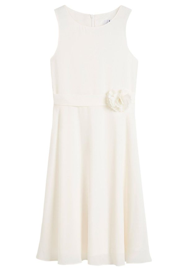 bonprix - Sukienka z kwiatową aplikacją. Kolor: biały. Materiał: satyna. Wzór: kwiaty, aplikacja. Sezon: lato