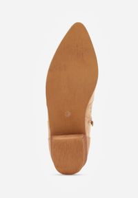Born2be - Ciemnobeżowe Ażurowe Botki Vices na Obcasie w Stylu Kowbojek Selrith. Okazja: na spacer. Nosek buta: szpiczasty. Kolor: beżowy. Materiał: jeans. Wzór: ażurowy. Obcas: na obcasie. Wysokość obcasa: średni #5