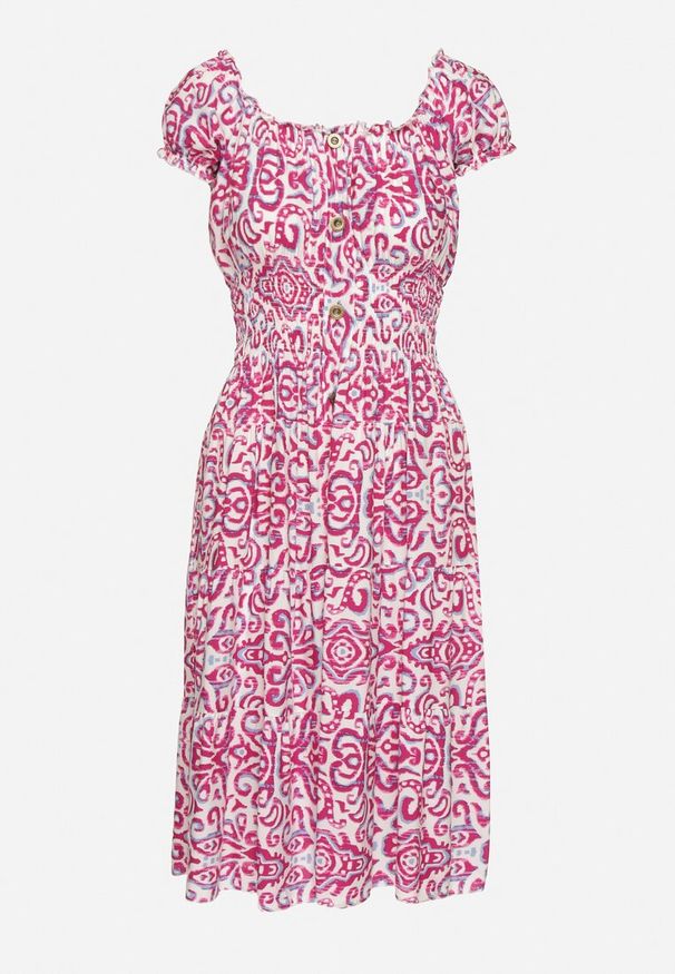 Born2be - Różowa Sukienka z Bawełny w Ornamentalny Wzór z Gumką w Pasie Natirissa. Okazja: na co dzień. Kolor: różowy. Materiał: bawełna. Długość rękawa: krótki rękaw. Sezon: lato. Typ sukienki: proste. Styl: casual, elegancki