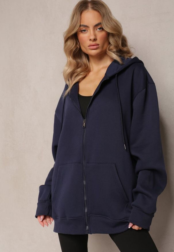 Renee - Granatowa Zasuwana Bluza z Kapturem Narmione. Okazja: na spacer. Typ kołnierza: kaptur. Kolor: niebieski. Materiał: jeans, polar. Styl: wizytowy