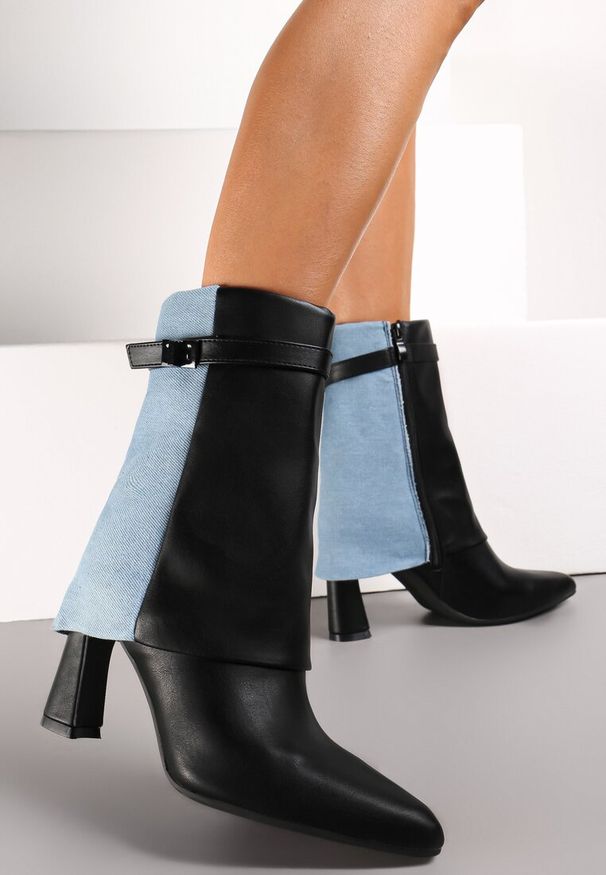 Renee - Czarne Botki na Słupku z Ekoskóry i Jeansu Acenda. Kolor: czarny. Materiał: jeans. Obcas: na słupku