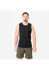 DOMYOS - Koszulka fitness męska Domyos bez rękawów. Kolor: czarny. Materiał: poliester, wiskoza, materiał. Długość rękawa: bez rękawów. Styl: sportowy #1