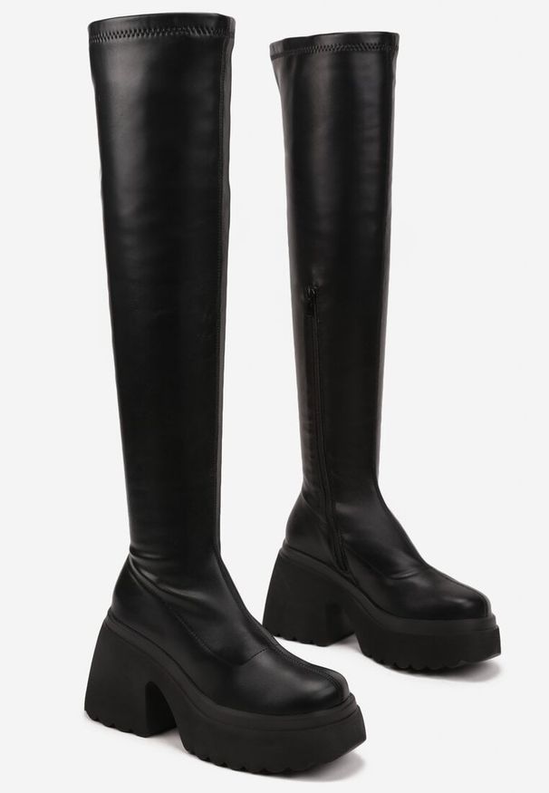 Born2be - Czarne Kozaki na Obcasie i Platformie za Kolano z Dopasowaną Cholewką Feniefra. Okazja: na co dzień. Kolor: czarny. Szerokość cholewki: normalna. Wysokość cholewki: za kolano. Materiał: dzianina, jeans, puch. Sezon: zima, jesień. Obcas: na obcasie. Styl: casual, elegancki. Wysokość obcasa: średni