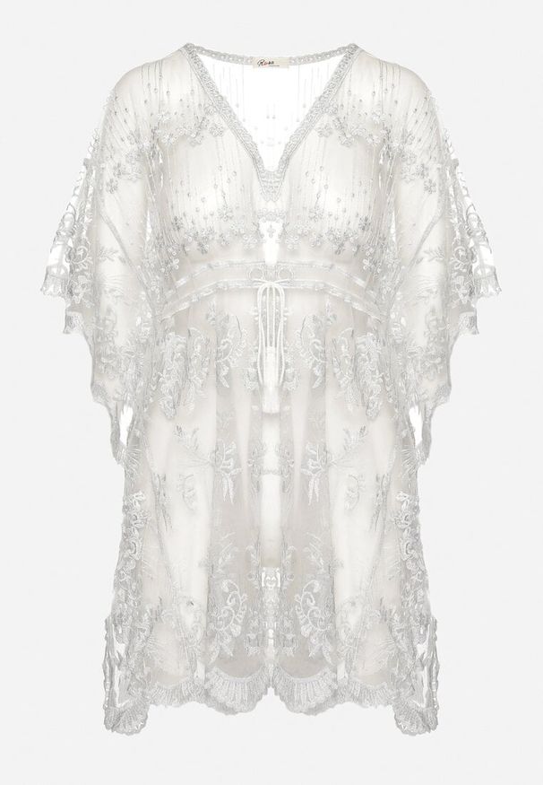 Born2be - Szara Tunika Narzutka z Siateczki Ozdobionej Haftem w Plażowym Stylu Adelagia. Okazja: na plażę. Typ kołnierza: dekolt w kształcie V. Kolor: szary. Materiał: materiał. Wzór: aplikacja, haft. Sezon: lato