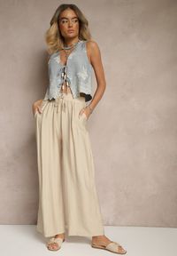 Renee - Beżowe Szerokie Spodnie High Waist z Wiskozy z Gumką w Talii Lannalie. Okazja: na co dzień. Stan: podwyższony. Kolor: beżowy. Materiał: wiskoza. Styl: elegancki, casual