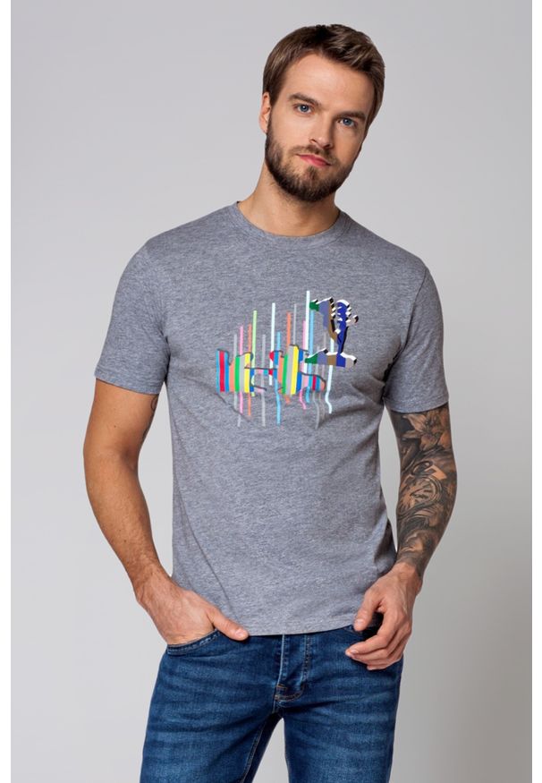 Lancerto - Koszulka Szara Jerry. Kolor: szary. Materiał: jersey, dzianina, bawełna. Wzór: kolorowy, aplikacja, nadruk, melanż. Styl: klasyczny